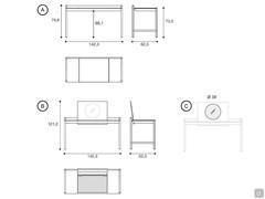 Horus Bureau - dimensions spécifiques : A) dimensions du bureau avec compartiment de rangement fermé B) dimensions du bureau avec compartiment de rangement ouvert C) miroir rond en option